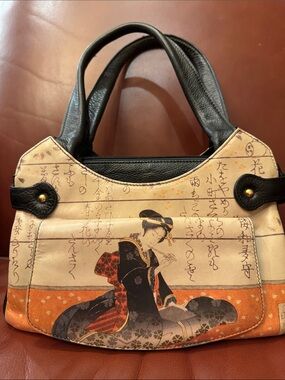 ICON Los Angeles Leather Shoulder bag Japanese Print in Cream, Orange and Black